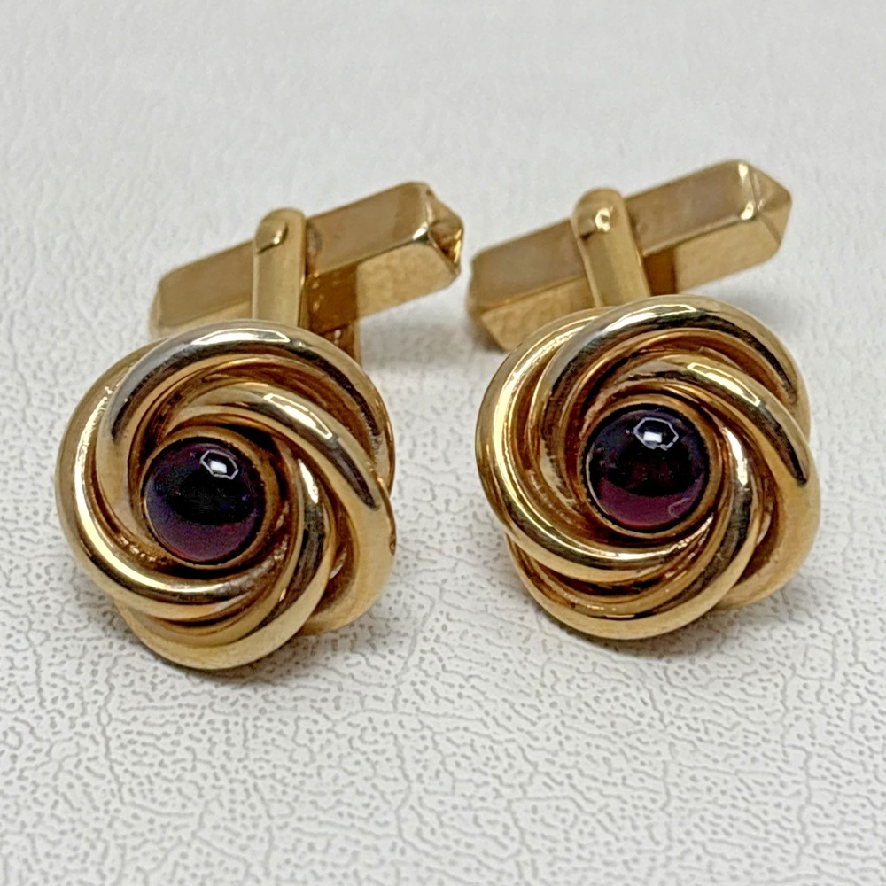 Vtg 50's SWANK Cufflinks Red Jeweled Stone Gold Tone Knot Grandpa Dressy Office